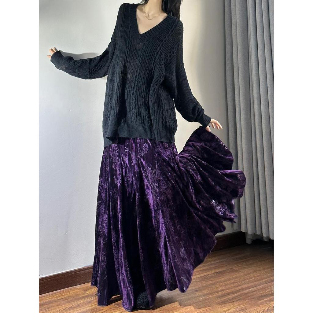 Velvet High Waist Fishtail Skirt - Chinese Style, Long Flare, Autumn/Winter Collection for Women