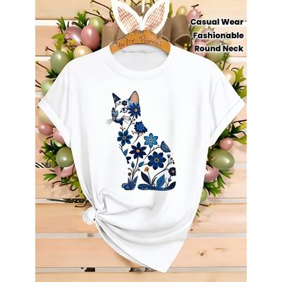 Floral Pattern Cat Print Fashionable And Elegant Women'S Casual Style Top for Spring, Summer, And Autumn