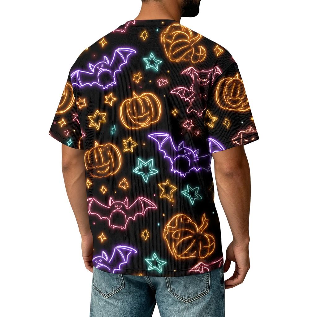 Men Casual Corduroy Short Sleeve Lightweight Breathable Round Neck Top Halloween Pattern Printed Shirt