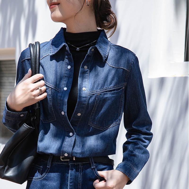 Women's French Retro Blue Denim Shirt - Stylish Layered Autumn/Winter Commuter Top