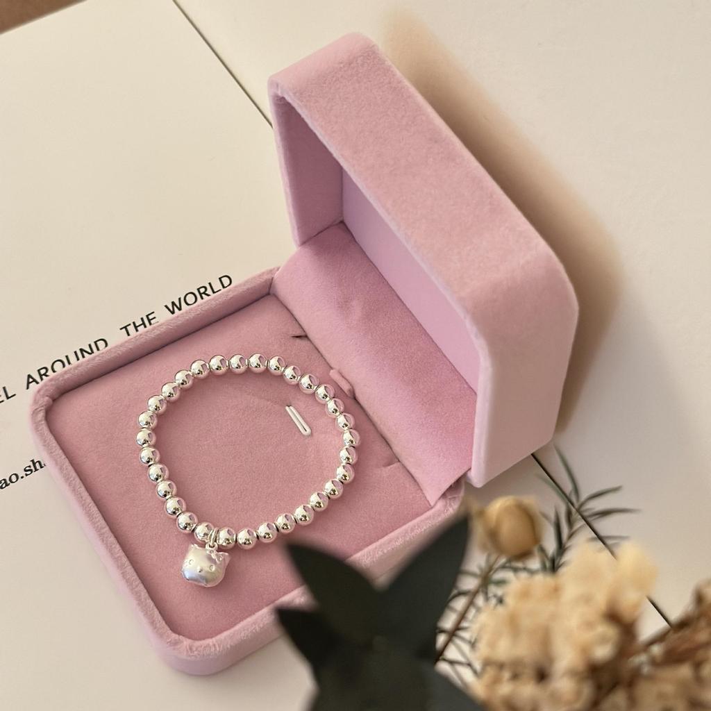 Silver-Plated Beaded Bracelet with Cute Kitty Pendant - Perfect Birthday Gift for Women and Children