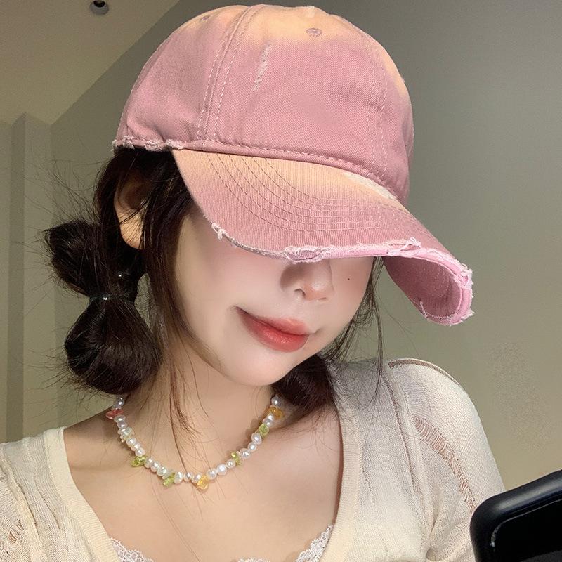 American Ripped Pink Baseball Cap Women'S Wide Brim Showing Face Small Cap Enlarged And Deepened Large Head Circumference Hat