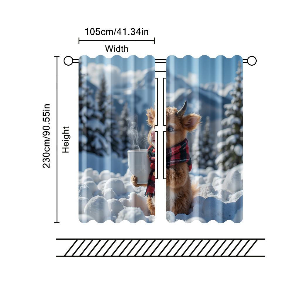2 pcs   filtering curtains (excluding rods   non-movable   without batteries) A calf drinking  cocoa for use in bedrooms and