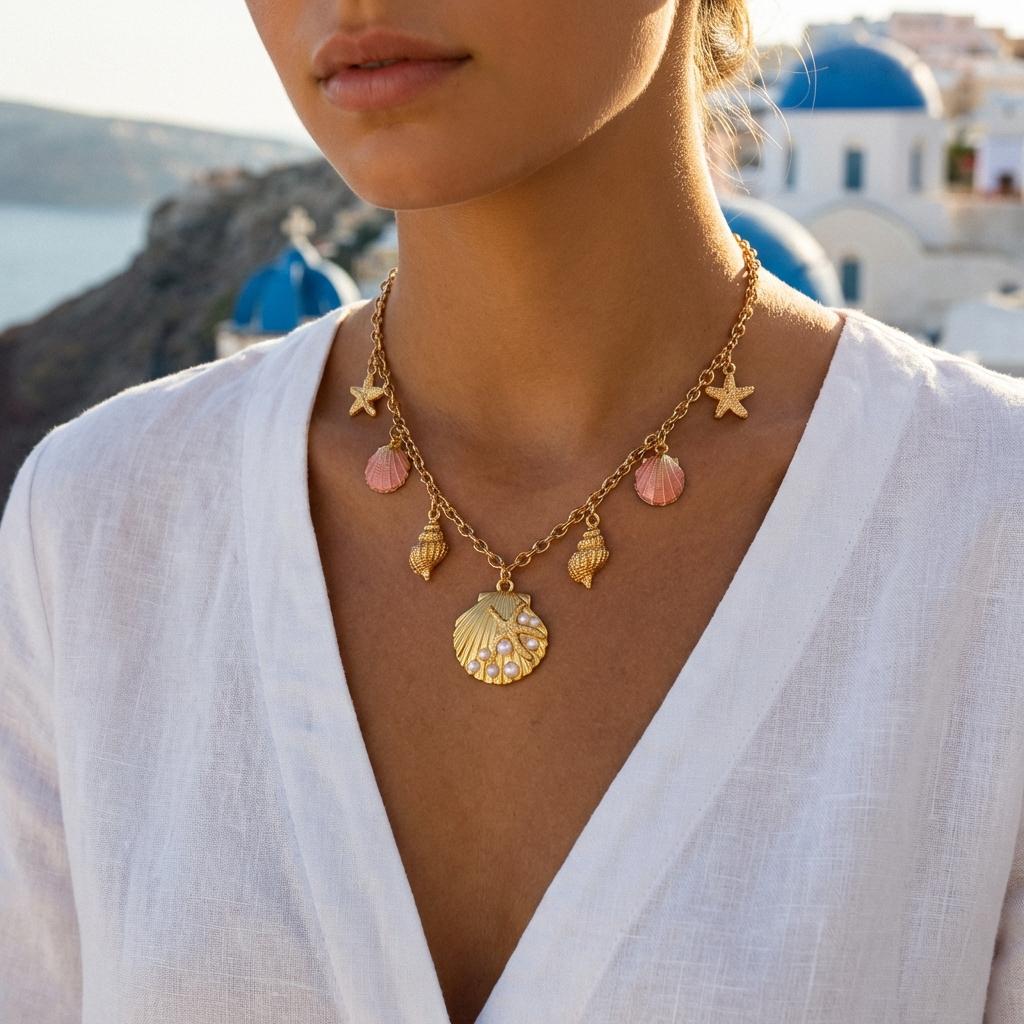 Boho Buntes Muschel Halskette Für Frauen Gold Farbe Seestern Muschel Jakobsmuschel Perlen Anhänger Choker Sommer Strand Urlaub Resort Schmuck