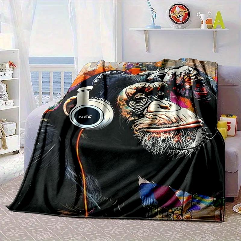 Monkey Music Headphones Blanket Flannel Blanket for bed, sofa, Camping, Hiking, Picnic Essentials, gift for family Fan gifts