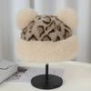 Retro leopard print plush bucket hat Mongolian hat women's autumn and winter new ears thickened warm ear protection imitation water