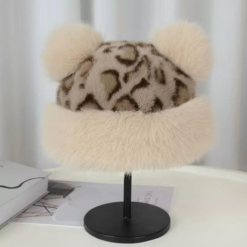 Retro leopard print plush bucket hat Mongolian hat women's autumn and winter new ears thickened warm ear protection imitation water