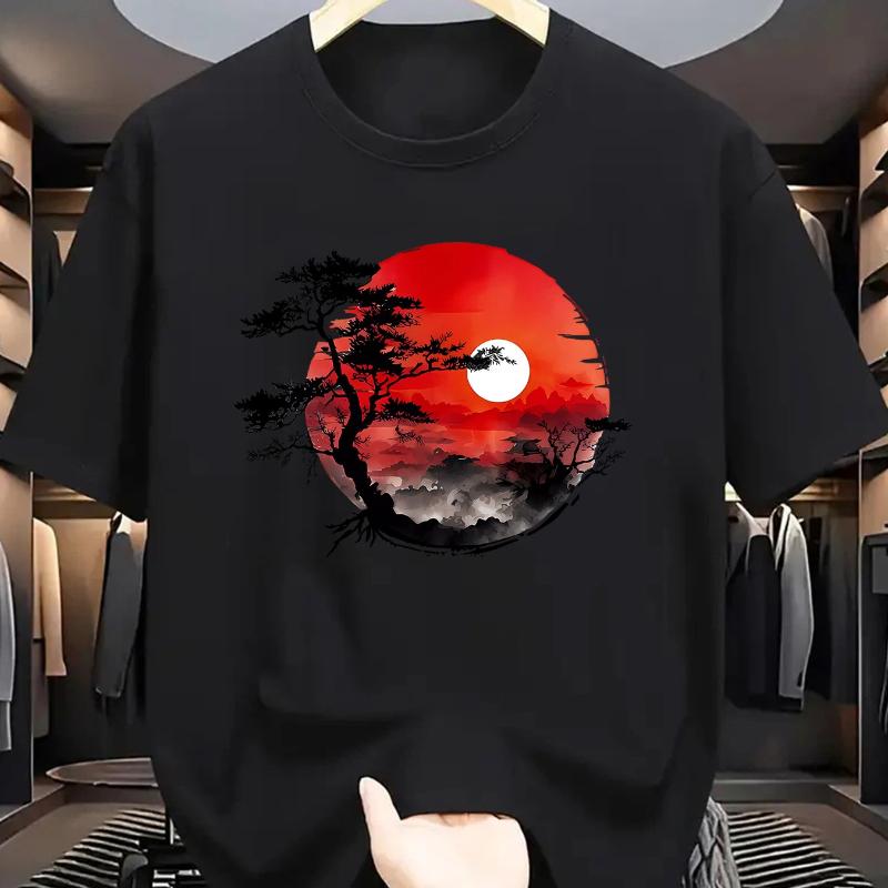 Men's Summer Pure Cotton Fashionable Casual Loose Fit Printed Round Neck Short Sleeved T-shirt Top