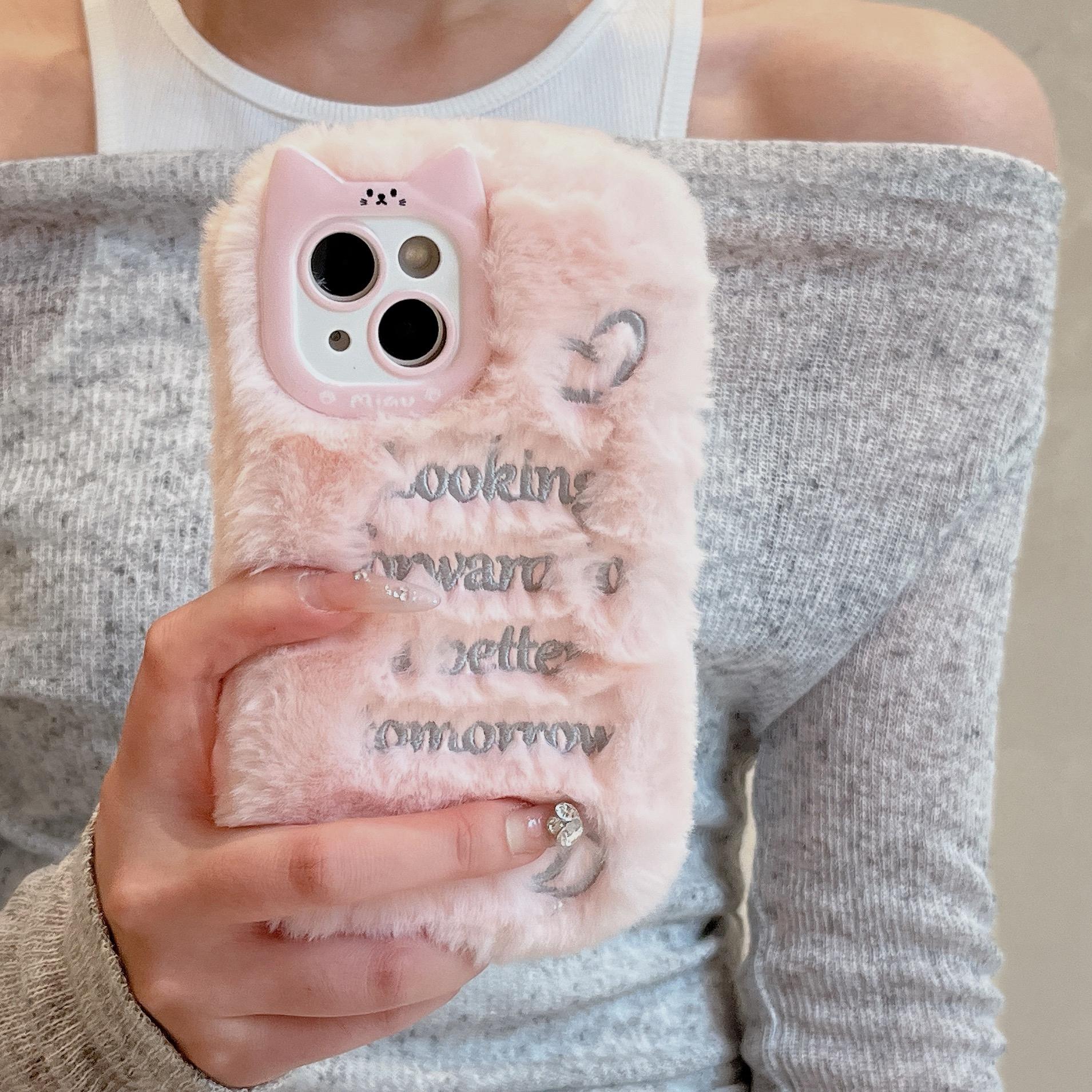 

Для iPhone 15 Чохол Вушка котика Пухнастий Зимовий ТПУ Вишита Накладка на телефон White