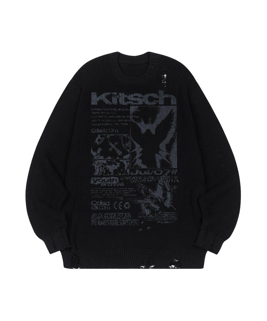 ODDSTUDIO Grunge Angel Graphic Damaged Knit - Black