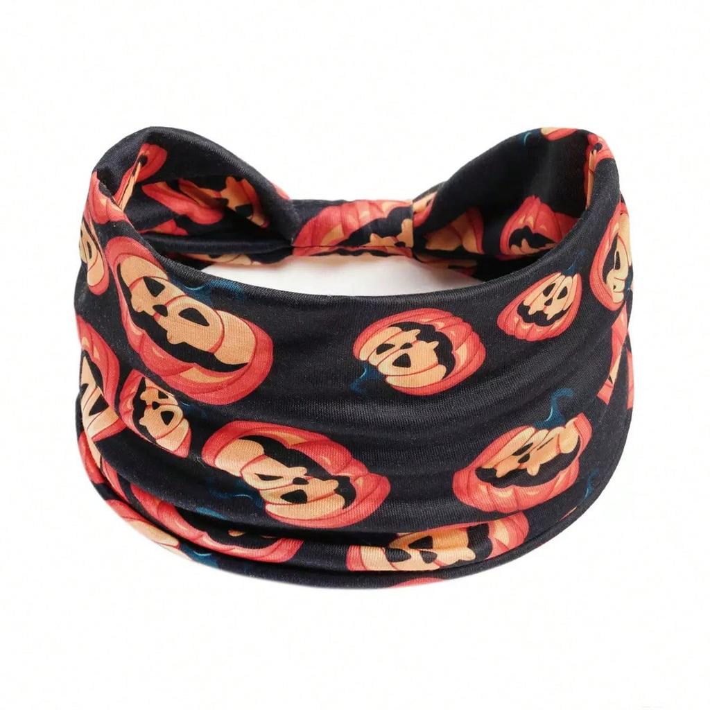Women Pumpkin, Bat Wide Holiday Headbands, Festival Gift Hair Accessories Pumpkin Rose Boho Polyester Fashion All Season Women Scarf Fall Hair Band