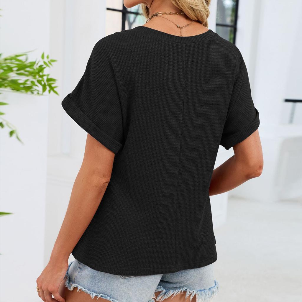 Damenmode Farbe Rundhals Spitze Spitze Locker Kurzarm T-Shirt Top