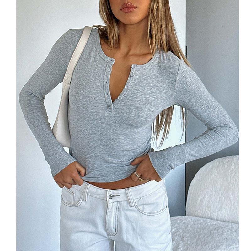 Jarní a podzimní dámský Y2K slim módní žebrovaný top s knoflíky a dlouhým rukávem