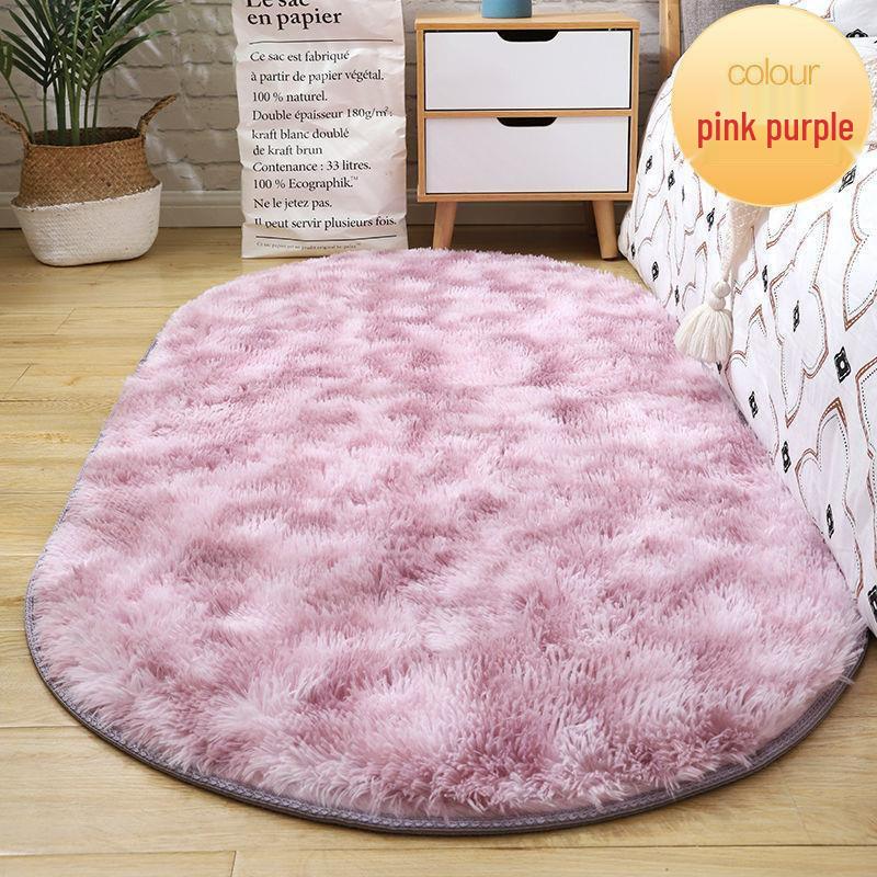 Ins Tie-Dye Oval Silk Wool Rug: Long Pile Carpet for Living Room, Bedroom, Bedside, Cloakroom, Decorative Floor Mat