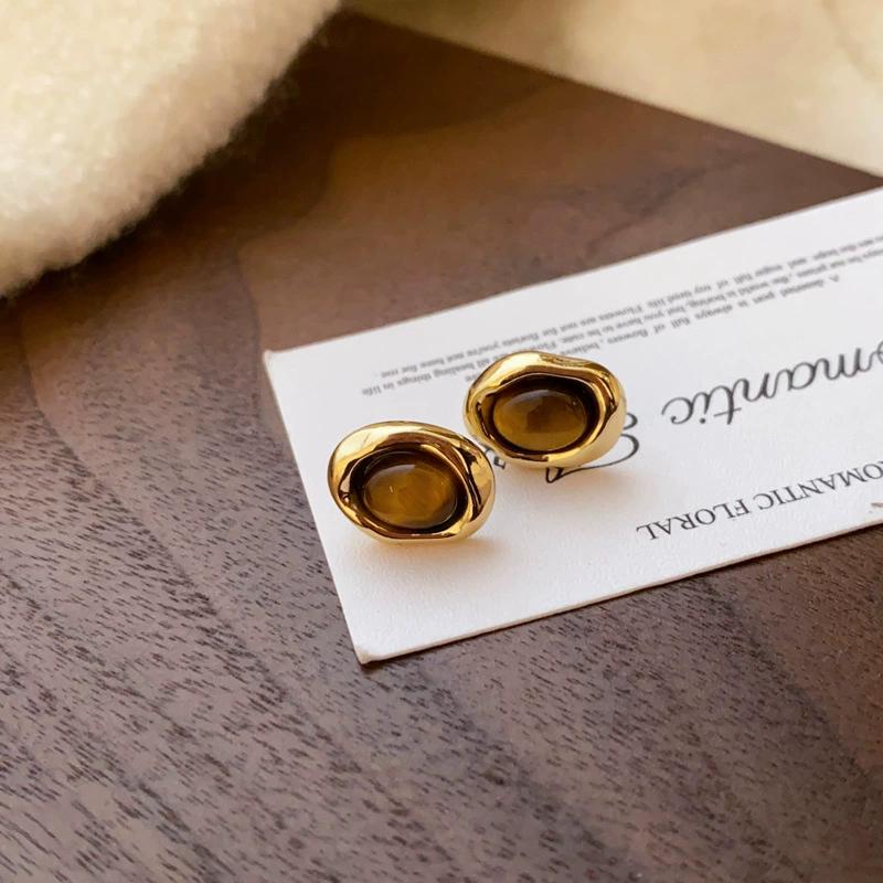 Brown Oval Resin Bead Stud Earrings for Women Golden Metal Square Frame Earrings Vintage Trendy Jewelry Gift