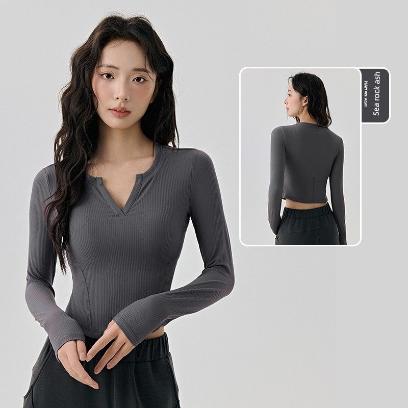 Lu Same Yoga Clothes Long Sleeves Women's Fixed Cup Rib Silm Slim Looking Sports T-Shirt Fitness Pilates Training Wear
