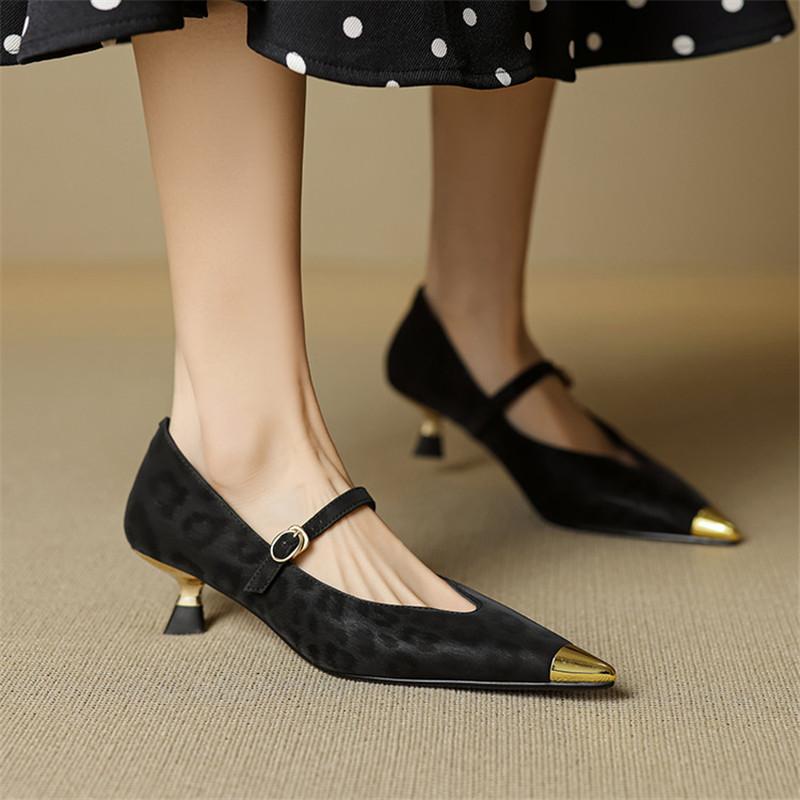 Fashion New Summer Split Leather Women Pumps Shoes for Women Fashion Leopard Print Metal Pointed Toe Mary Jane Shoes Women Ladies Shoes
