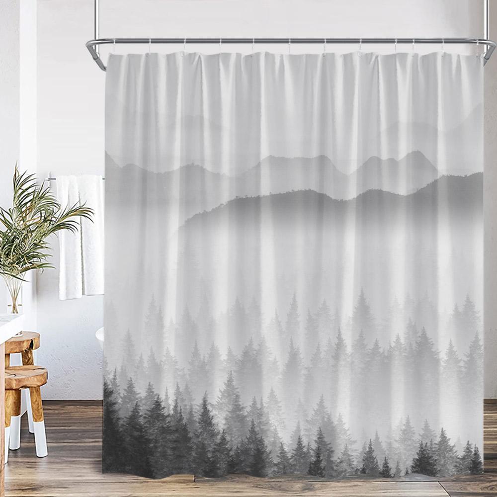 Misty Forest Shower Curtain Foggy Woodland Cloud Pine Tree Nature Nordic Bathroom Decor Modern Minimalist Bath Curtain with Hook