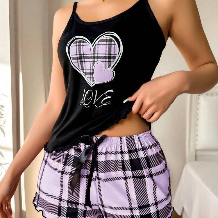 Damski piżamowy komplet z krótkim rękawem i szortami w serca i kratę