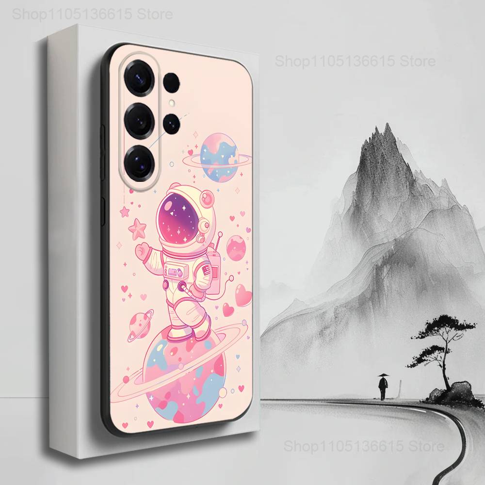 Cartoon Astronaut Space Case For Samsung S22,S25,S20,S10,Plus,Ultra,S24,S23,FE,S21,S9,Lite,Soft Silicone Black