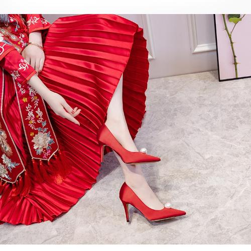Fashion 2025 New Wedding Shoes Women Pearl Buckle Red High Heels Stiletto Bridesmaid White Bridal Shoes Black Work Shoes