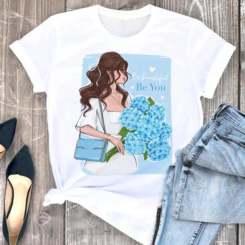 Fashion Flower Girl Graphic Print T Shirt Women Unisex Casual Crew Neck T Shirt Short Sleeve T Shirt Unisex