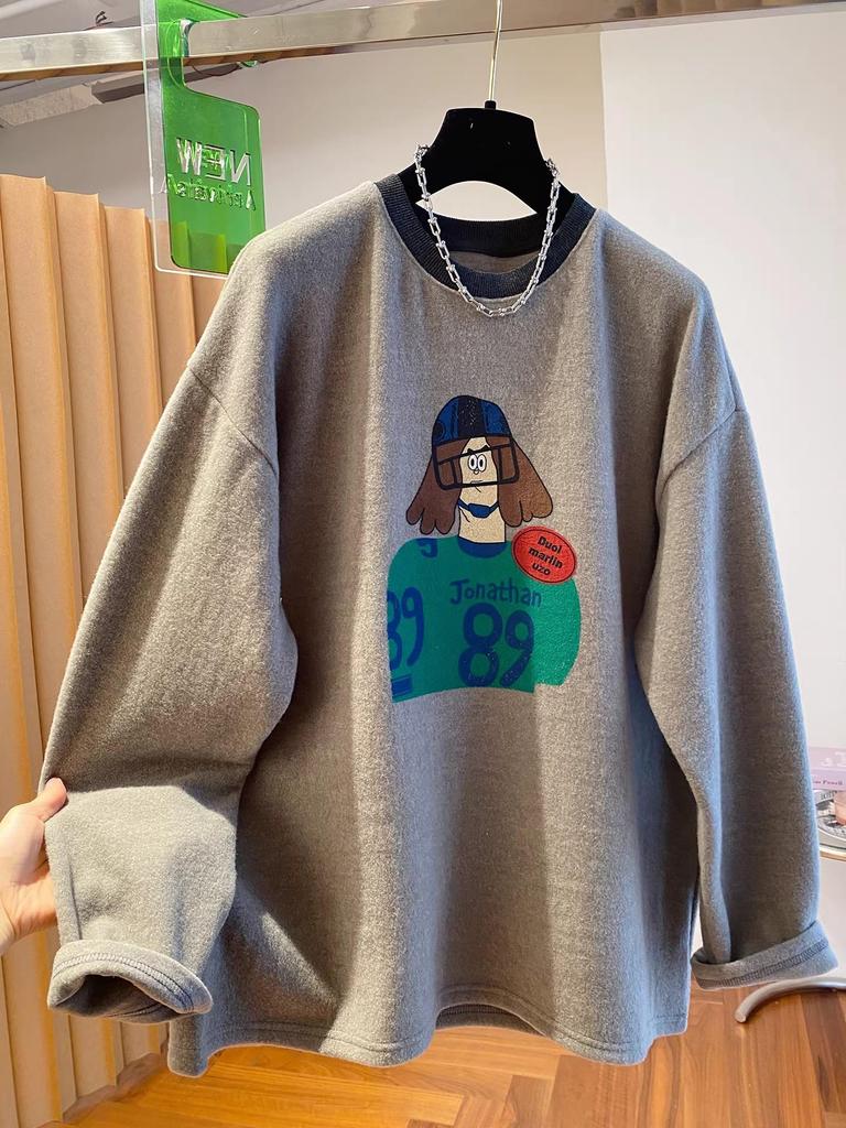 Women's 2025 Cartoon Print Woolen Long Sleeve T-shirt: Loose, Warm, Plus Velvet, Brushed Inner Layer