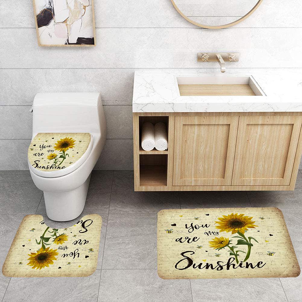 4pcs Set Doormat Shower Curtain with Non-Slip Rugs Toilet Seat Cover Bath Carpet Durable Waterproof Bathroom Home Entrance Decor