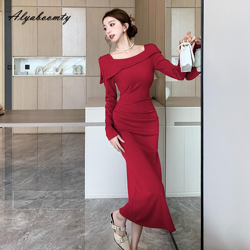 Korean Style Autumn Winter Women Sweater Dress Slash Neck Black Purple Red Knitting Dress Long Sleeve Elegant Feminine Dress