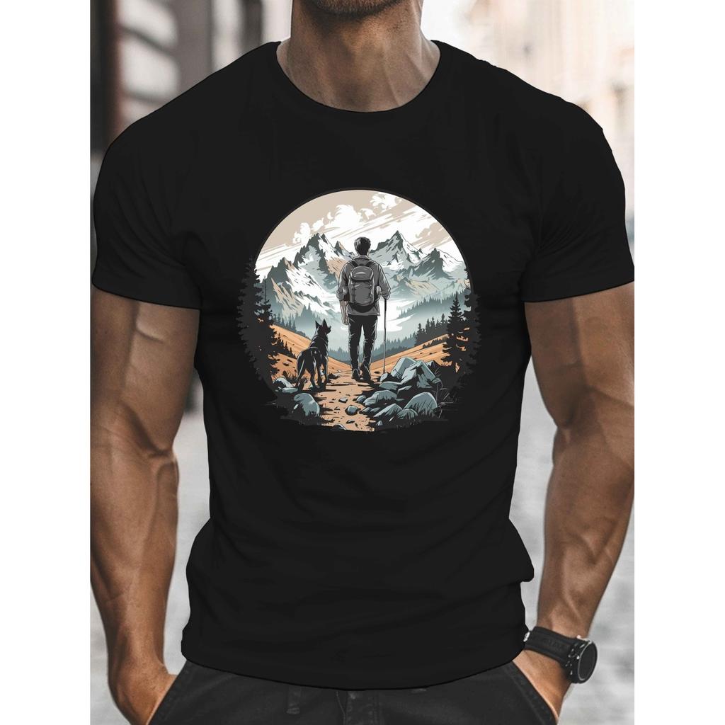 Mountain Hiker Dog Graphic Tee Men's Cotton Casual Short Sleeve Crew Neck T-Shirt Adventure Print