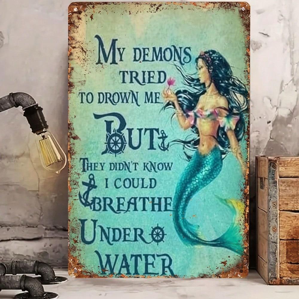 Vintage Mermaid Tin Sign Wall Art 8x12 Inch Metal Decor for Home Bar Cafe