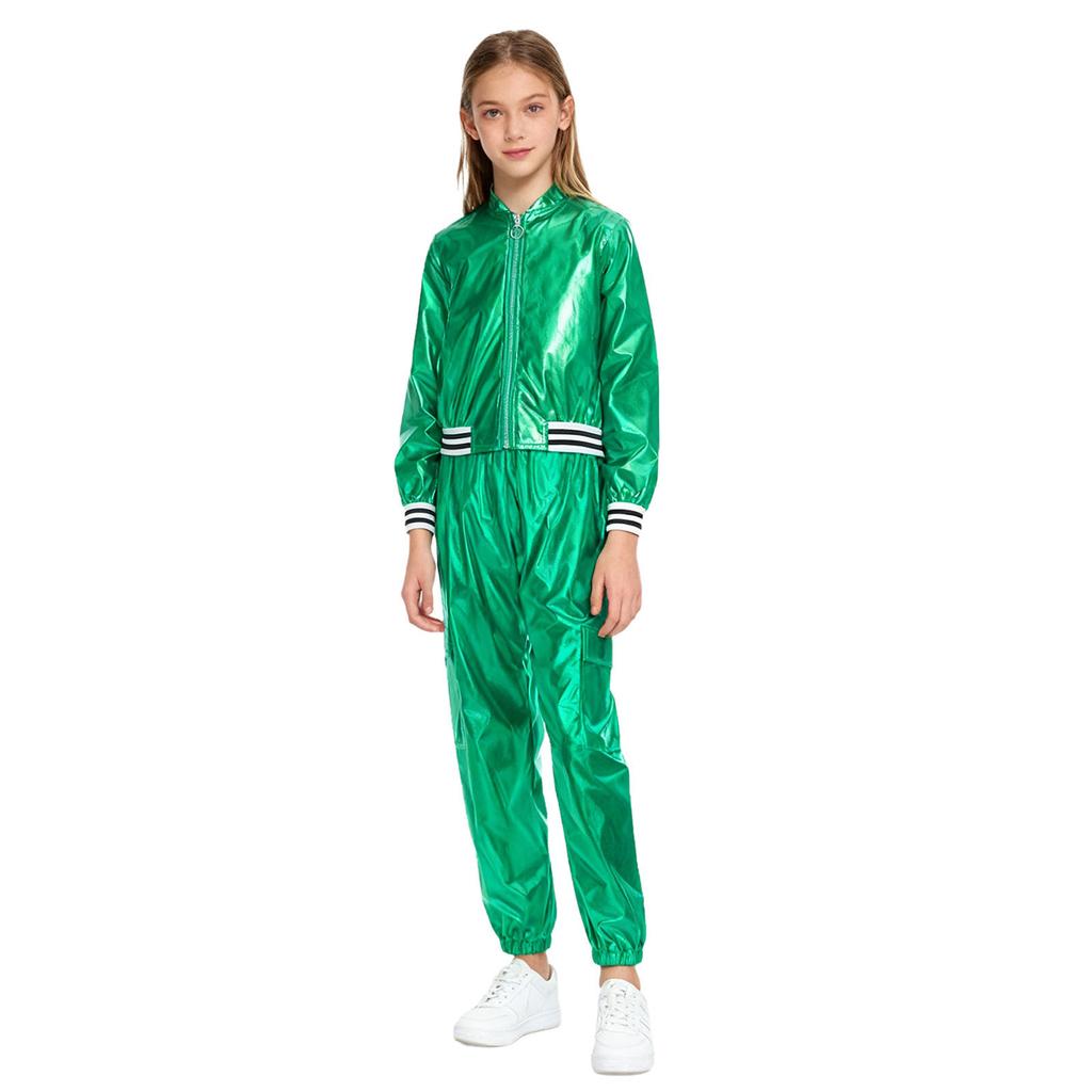 Kids Girls Hip-Hop Jazz Dance Costume Complete Set: Metallic Zipper Jacket & Pants, Stand Collar Long Sleeve Stage Outfit