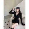 Spring new solid color polo collar button dress for women, Korean style sweet and spicy sexy waist-cinching inner with bodycon skirt
