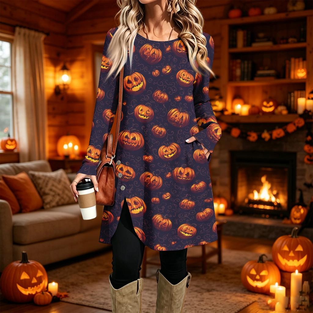 Women's Casual Printed Long Sleeve Neck Dress for Daily Wear