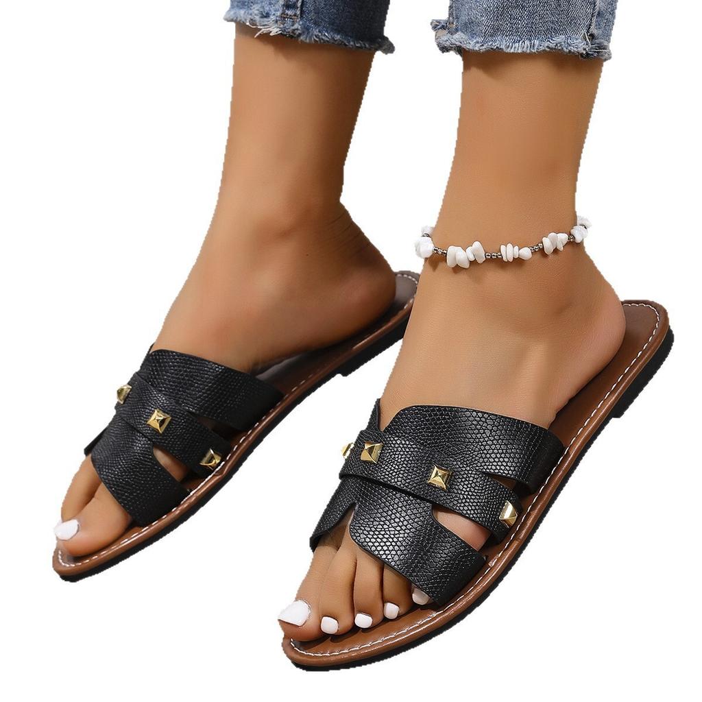 Unique Women's Flat Slippers - Casual Open Toe, Artificial Cover, Gold Buckle Strap, Comfortable Rubber Sole - Multifunctional All Season Shoes