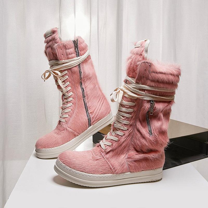 Couple Style Leisure Thick Bottomed Boots Shoes Luxury Horsehair Genuine Leather High Top Zippers Lace Up High Street Sneakers