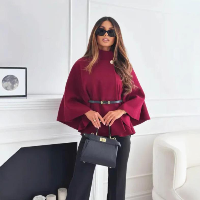 Women Single Buckle Batwing Sleeve Coat Autumn Winter Elegant Lady Tweed Waist Cinching Poncho Trend Thick Warm Loose Outwear