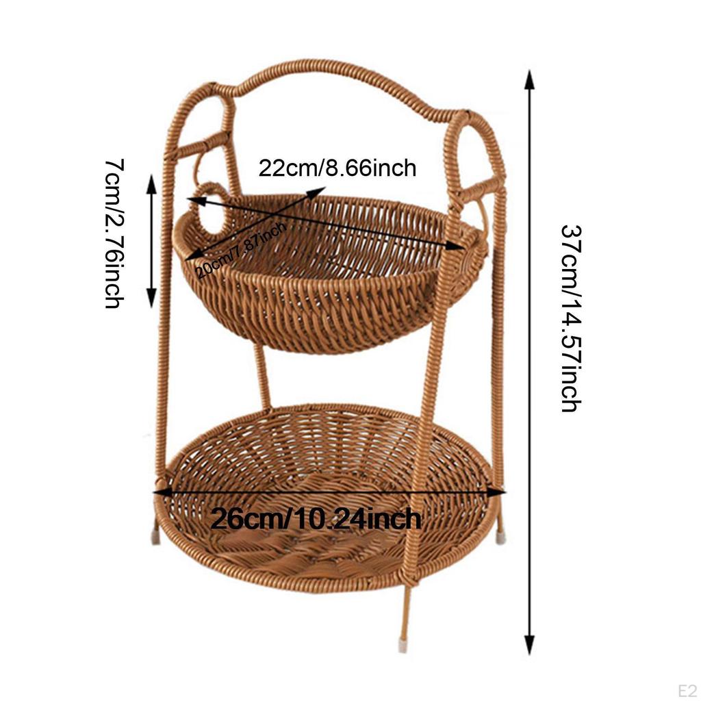 Fruit Basket Serving Stand Snacks Tray Two Tiered Imitation Rattan Countertop Organizer Snack