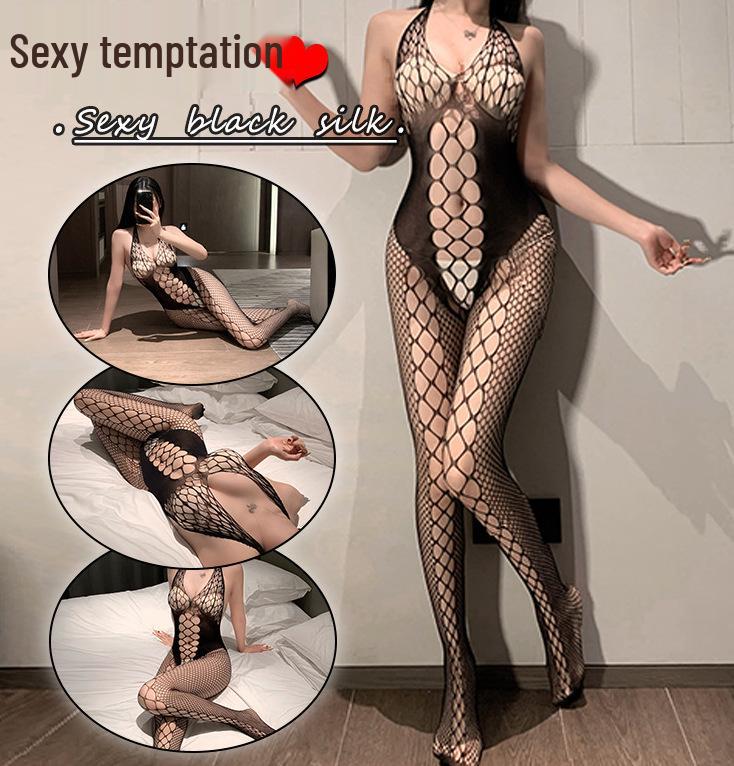 Drunk Cellar Sexy Fishnet Lingerie: European & American Style Hollow Out Bandeau with Removable Open Crotch Bodysuit Set.