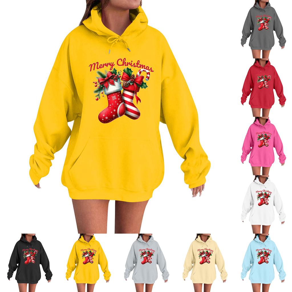 Women's Fashion Casual Long Sleeve Loose Christmas Print Hooded Sweatshirt