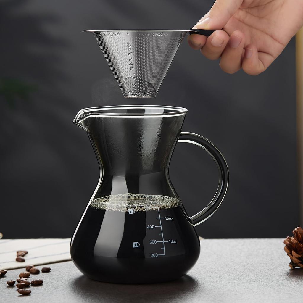 POKALOTEA Drip Coffee Server, Ink Black, 500ml, No Paper Coffee Filter Required, Reusable Stainless Steel Filter, Double-Layer Mesh, Microwave Safe,