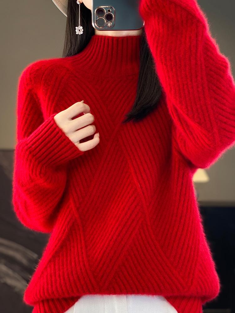 Women's Autumn & Winter Thick Cashmere Wool Sweater - Half-High Collar, Diamond Jacquard, Long Sleeve, Loose Fit
