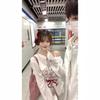 White Off-Shoulder Graffiti Print Long-Sleeve Blouse with Drawstring