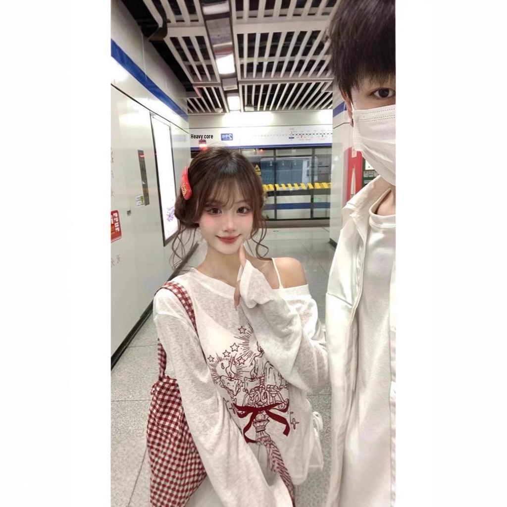 White Off-Shoulder Graffiti Print Long-Sleeve Blouse with Drawstring
