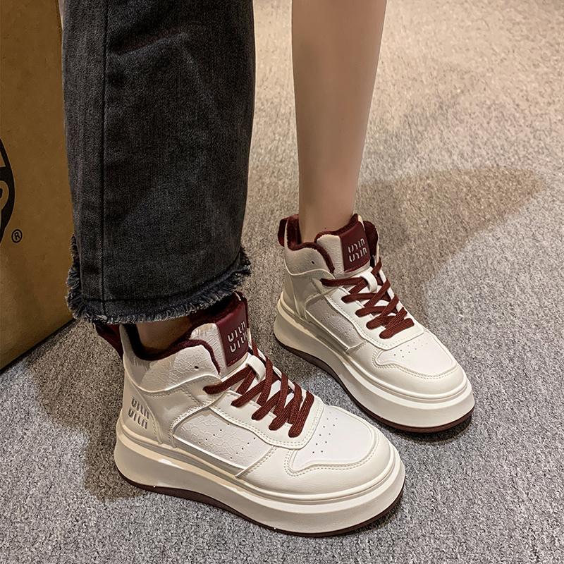 2024 Winter New Women's Thick-soled High-top Casual Sports Shoes Women's Soft-soled Comfortable Lace-up High-heeled Sports Shoes