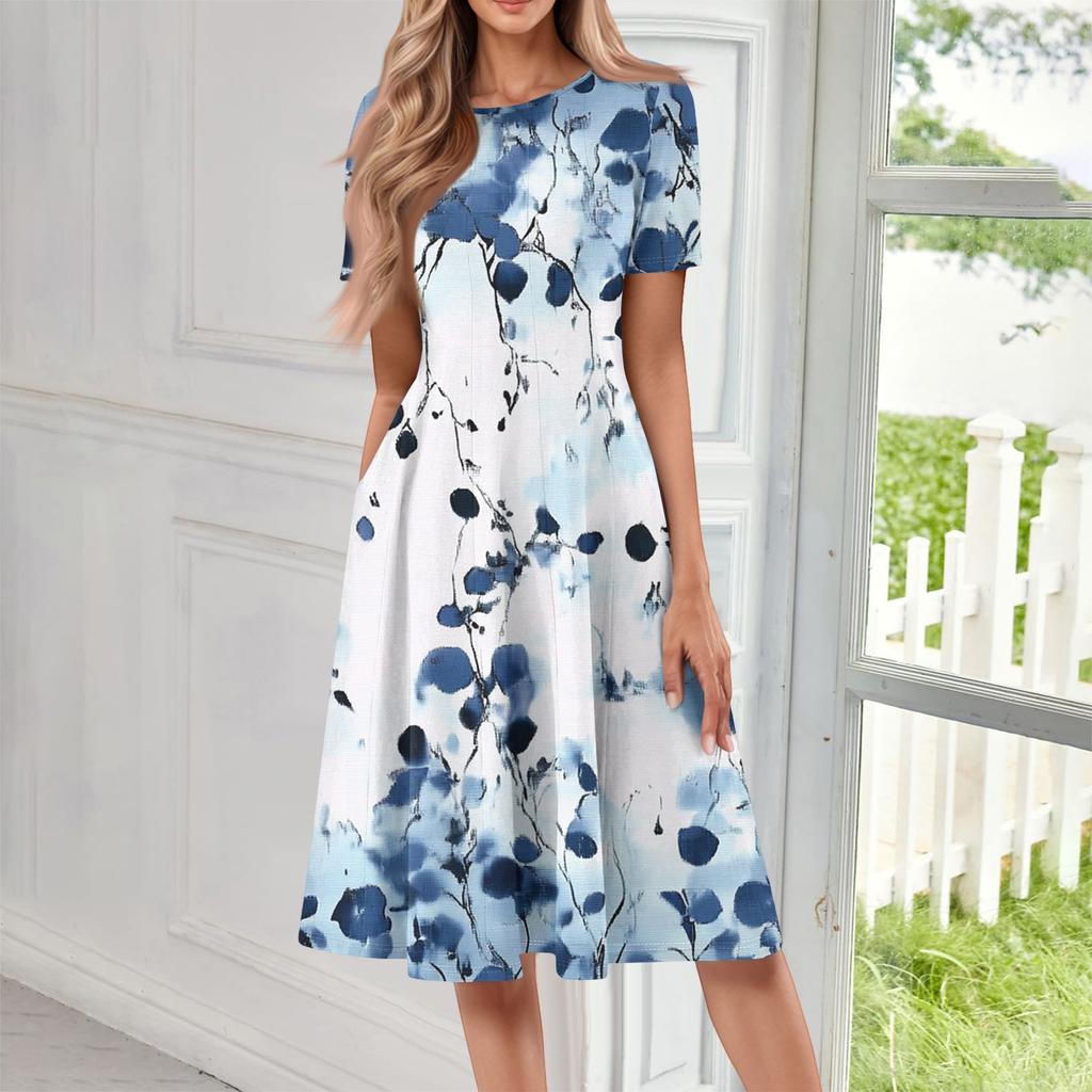 Women's Casual Fashion Round Neck Short Sleeve Print Midi Dress