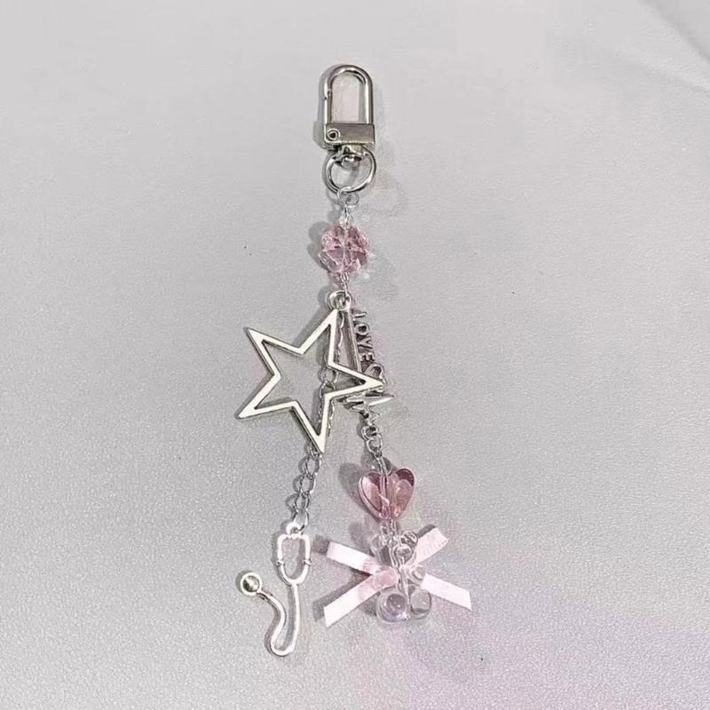 Handmade Beaded Keychain Sweet Bowknot Heart Pendant Keyring Fashion Phone Chain for Women Bag Charm Aesthetic Jewelry