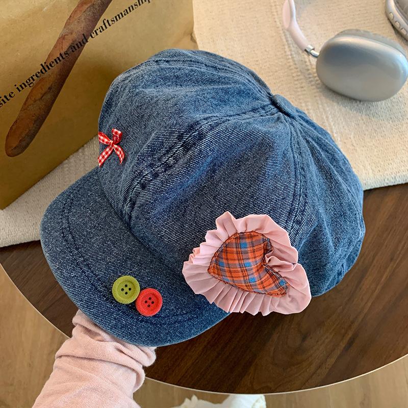 2025 Japanese Button Denim Beret Women's Summer Sweet and Cute Sunshade Love Cloud Octagonal Hat