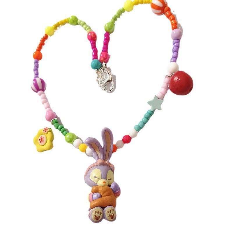 Colorful Cartoon Beaded Choker Necklace for Children Featuring Duffy Bear, ShellieMay, and StellaLou with Painter Hat.