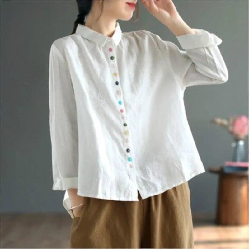 

Johnature женские рубашки с цветочной вышивкой, топы, однотонные весенние блузки с отложным воротником, свободные женские рубашки One Size белый